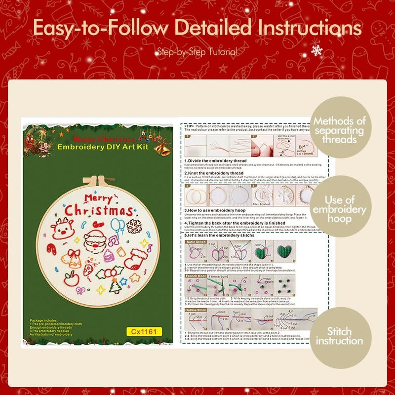 wtisan Christmas Embroidery Kits: 3 Pack Cross Stitch Kit for Beginners Adults, DIY Ornaments Craft Kit with All Tools & Instructions, Stamped Hand Embroidery Starter Kit for Holiday Crafts & Xmas Home Decor - Image 2